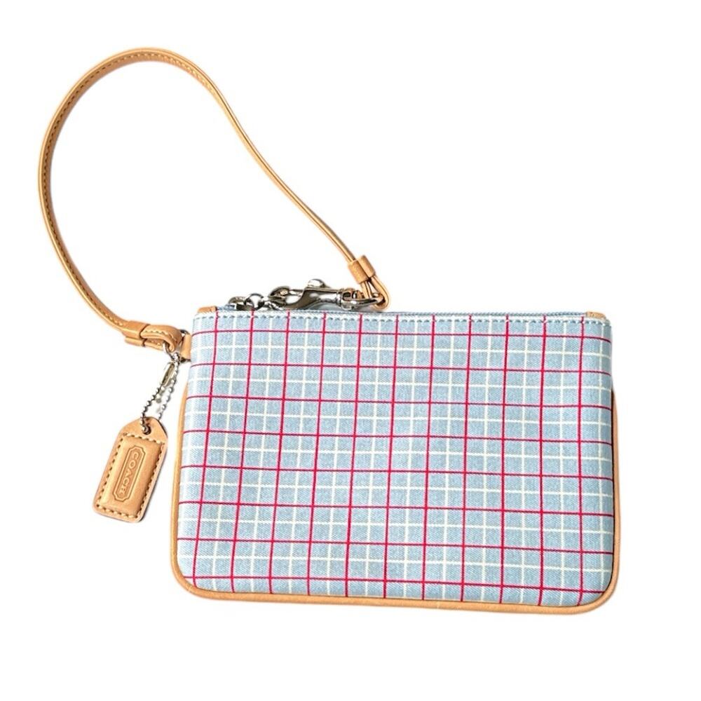 Coach Vintage Tattersall Plaid Wristlet Blue Pink White Tan - Picture 1 of 5